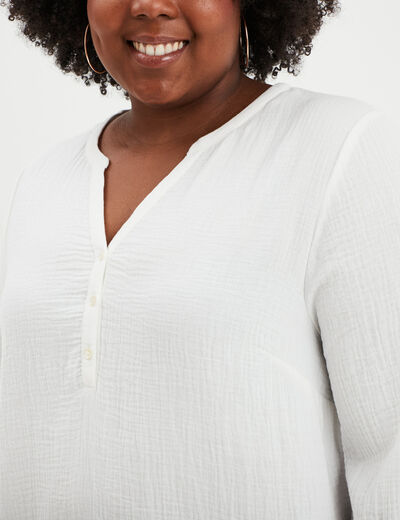 Blouse col tunisien manches 3/4 coton blanc femme grande taille