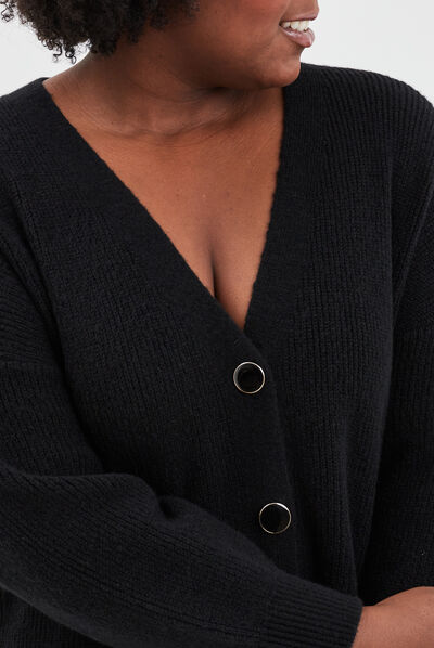 Gilet boutonné à col en V noir femme grande taille