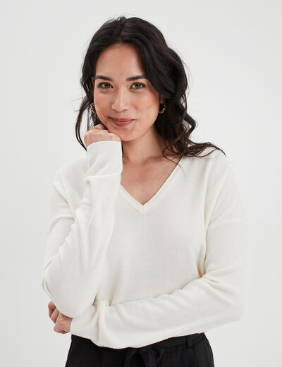 Pull col en V manches longues blanc femme