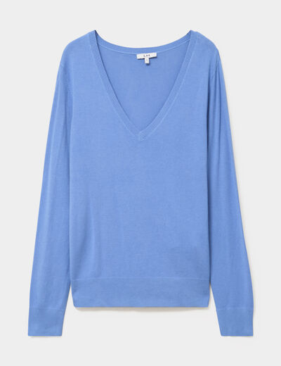 Pull col en V manches longues bleu electrique femme