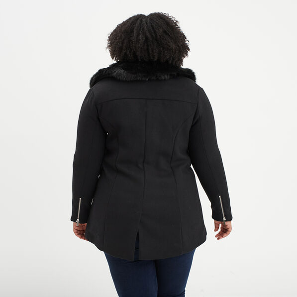 Manteau mi-long col imitation fourrure noir femme grande taille