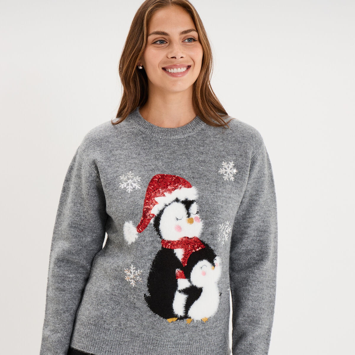 Pull de No&euml;l avec sequins gris clair femme