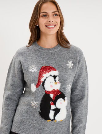 Pull de No&euml;l avec sequins gris clair femme