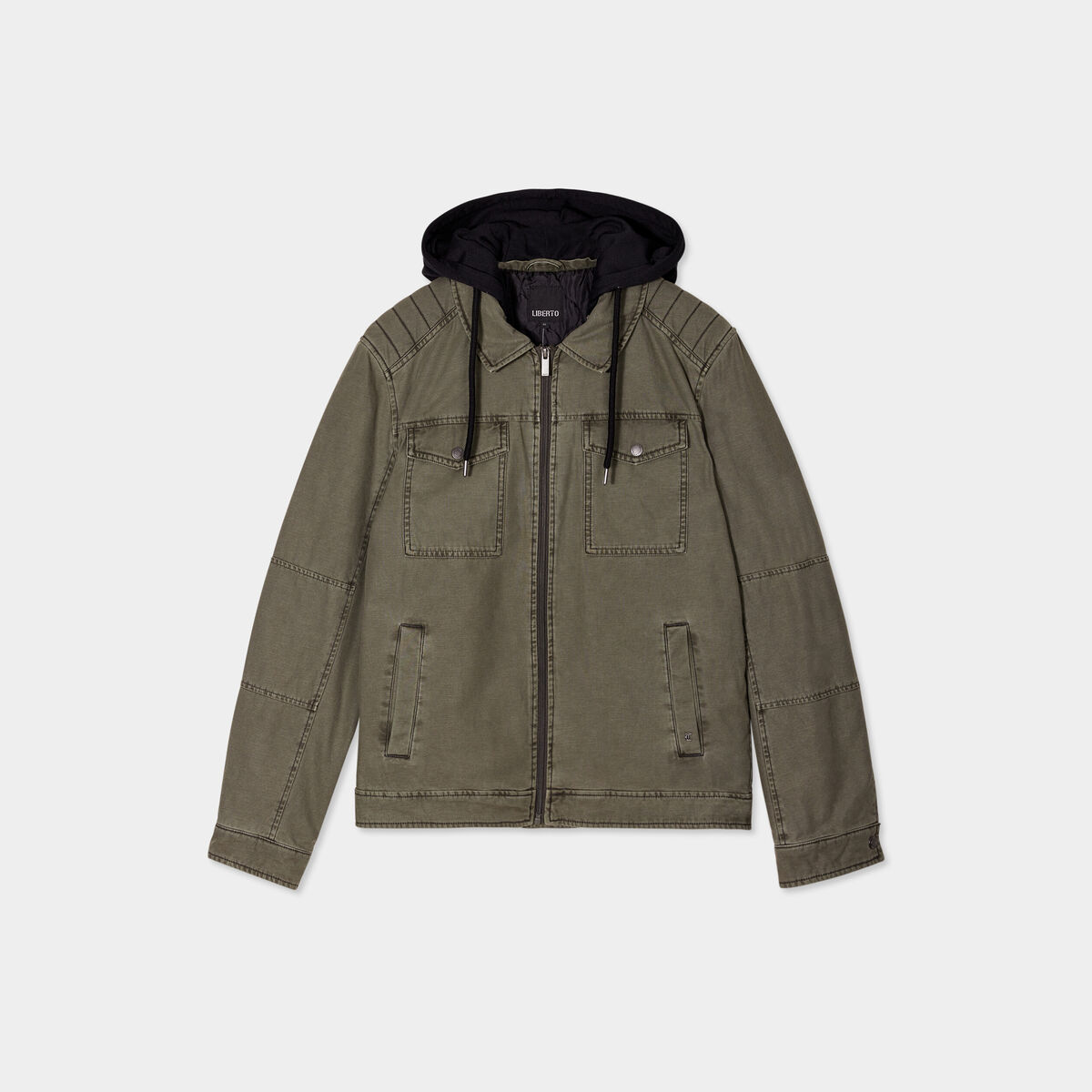 Veste doubl&eacute;e capuche amovible en coton vert kaki homme