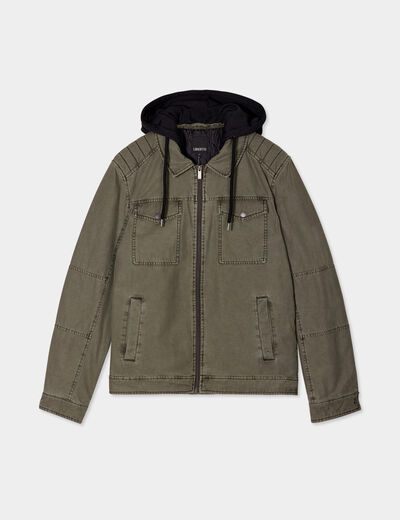 Veste doubl&eacute;e capuche amovible en coton vert kaki homme
