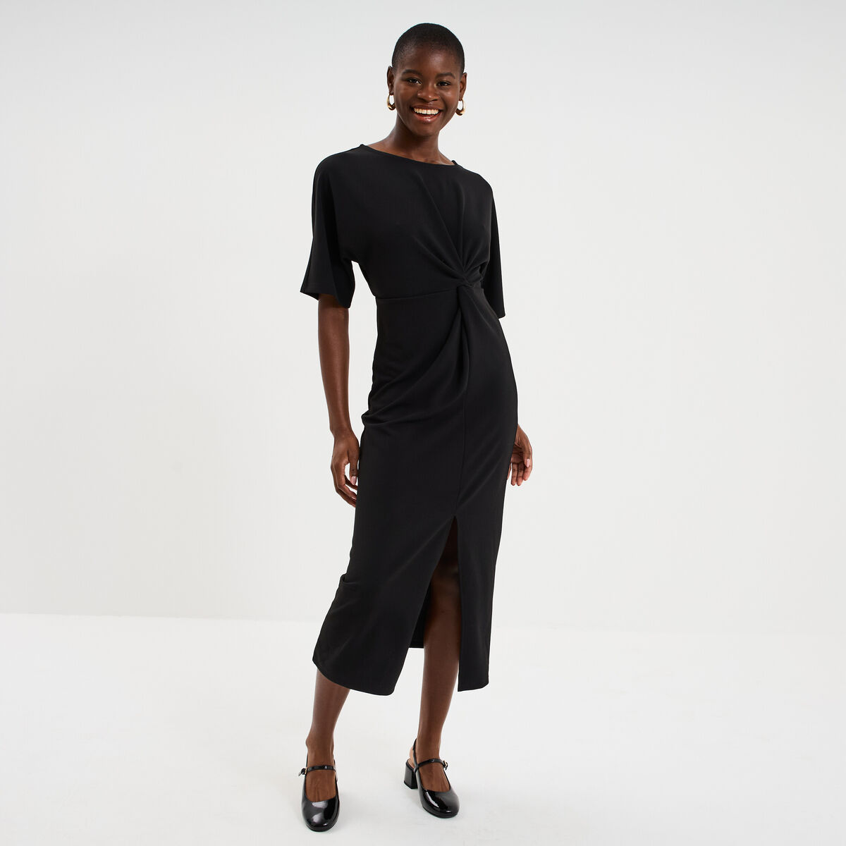 Robe longue effet nou&eacute; noir femme