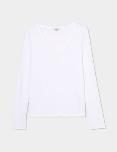 T-shirt col en V manches longues coton blanc femme