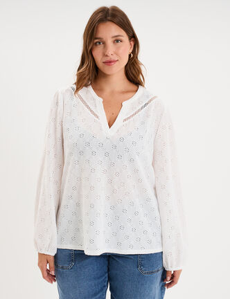 Blouse manches longues broderie anglaise blanc femme grande taille