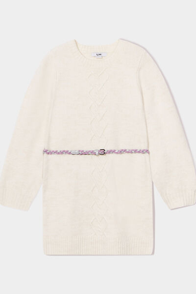 Robe pull avec torsades et ceinture beige fille