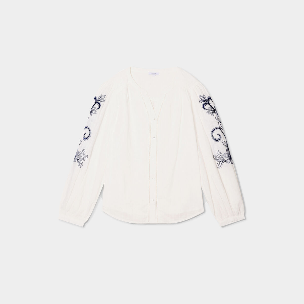 Blouse manches brod&eacute;es col tunisien blanc femme grande taille