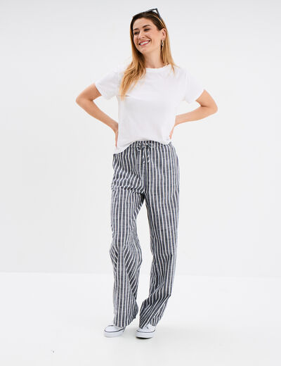 Pantalon large taille élastiquée coton bleu marine femme