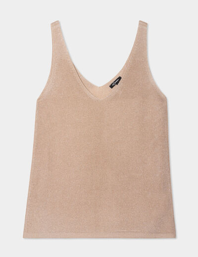 Débardeur maille col en V beige femme