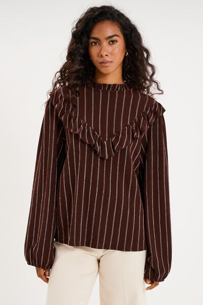 Blouse col montant &agrave; volants marron fonc&eacute; femme