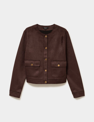 Veste boutonn&eacute;e effet su&eacute;dine marron fonc&eacute; femme