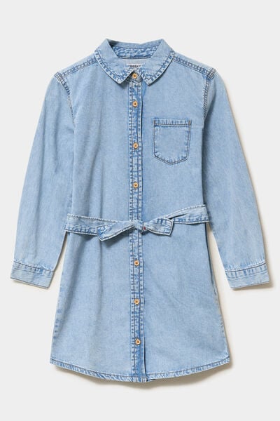 Robe chemise en jean ceintur&eacute;e coton denim double stone fille