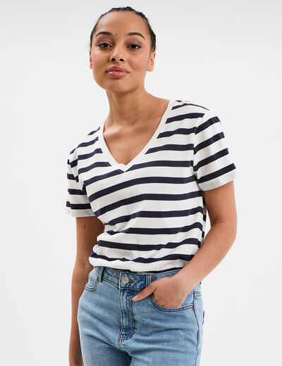 T-shirt col en V manches courtes coton ecru femme