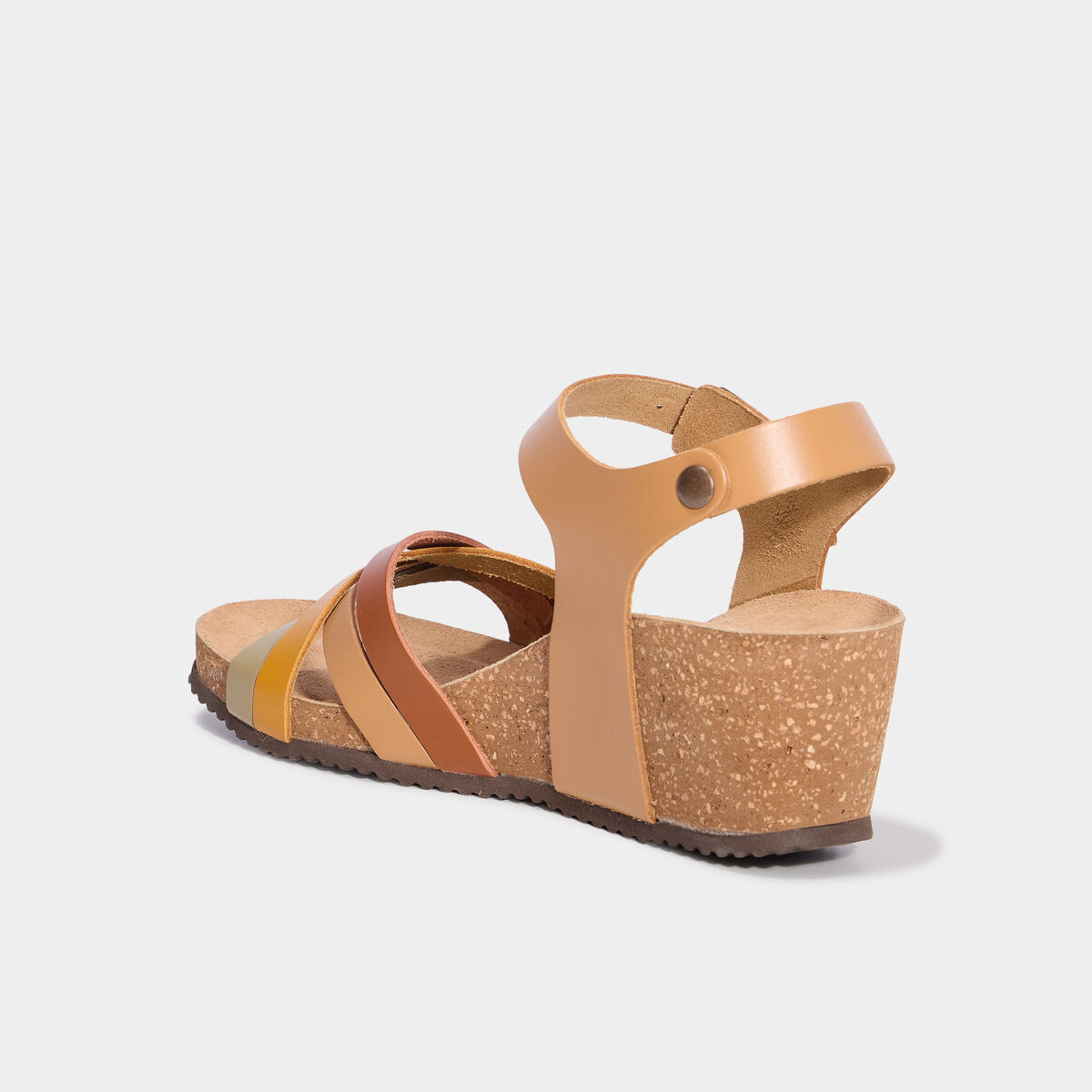 Sandales compens&eacute;es cuir avec brides marron femme