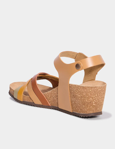Sandales compens&eacute;es cuir avec brides marron femme