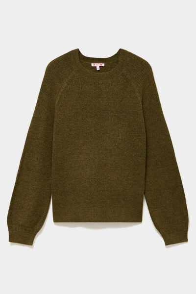 Pull col rond manches longues vert olive femme