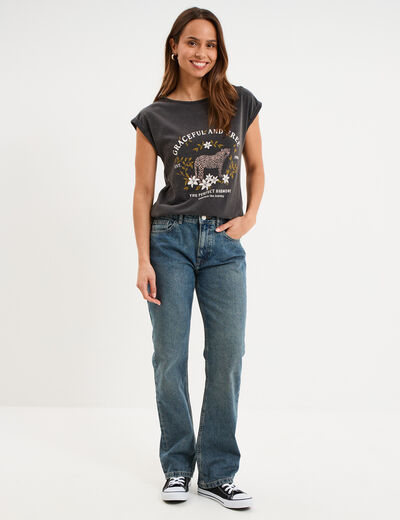 T-shirt col rond manches courtes coton noir femme
