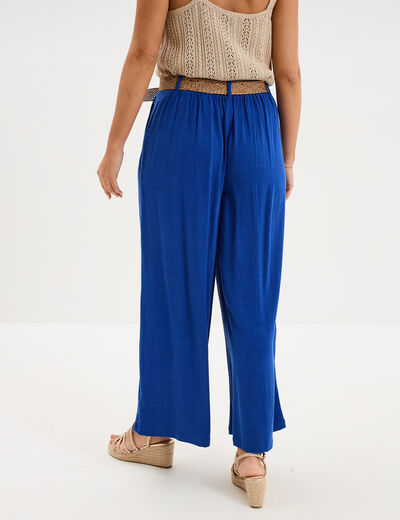 Pantalon large &agrave; pinces ceinture tress&eacute;e bleu electrique femme