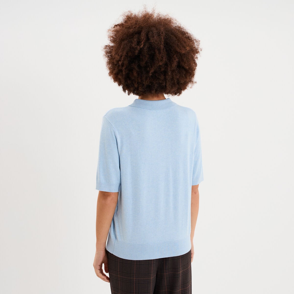Pull col polo manches courtes bleu femme