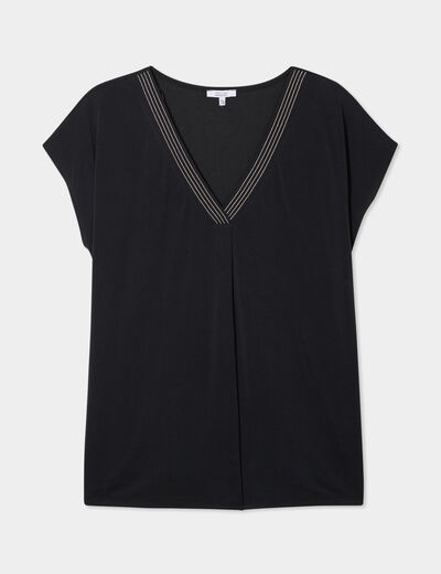 T-shirt col en V manches courtes noir femme grande taille