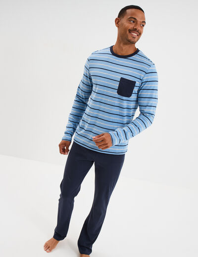 Ensemble pyjama 2 pièces coton bleu marine homme