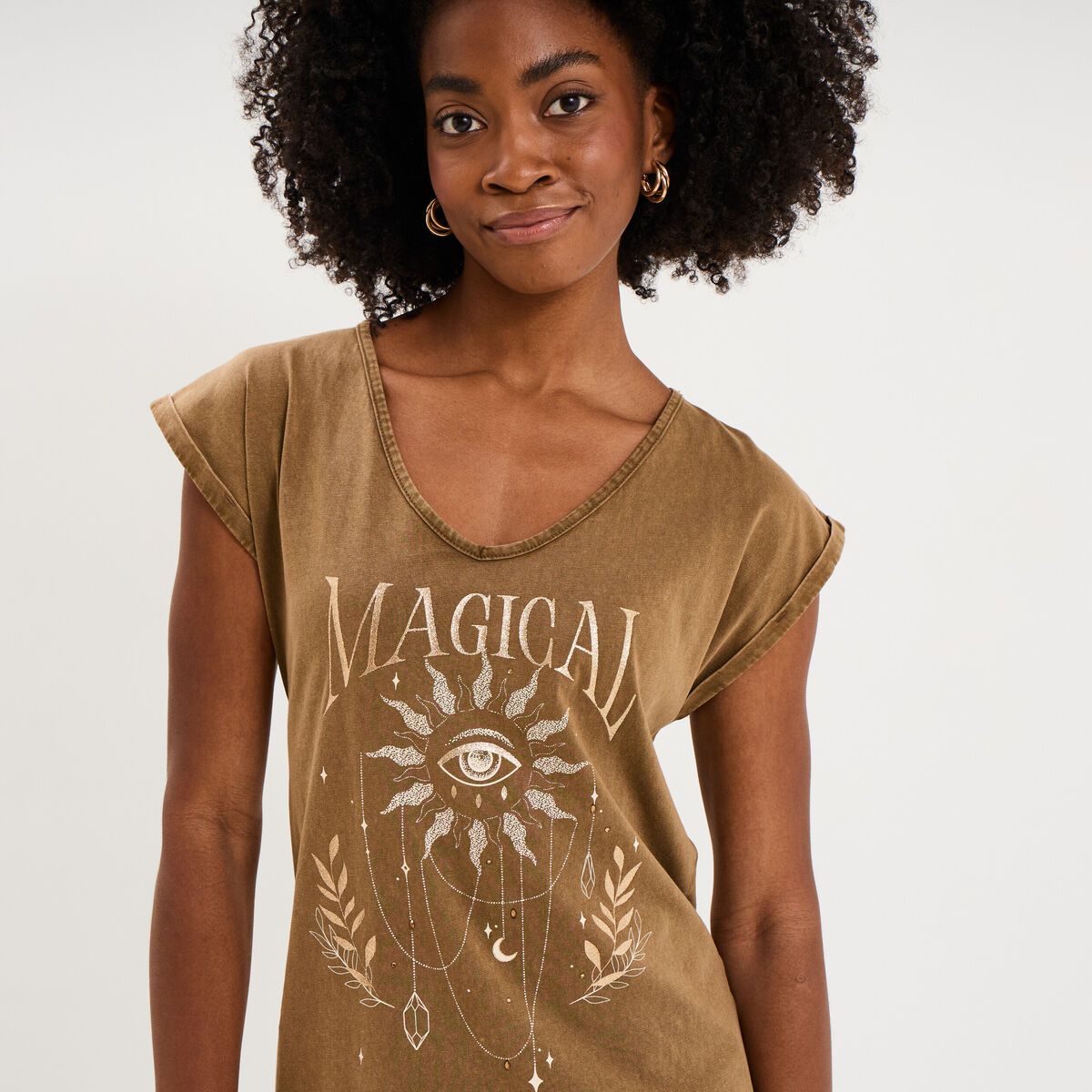 T-shirt coton col en V manches courtes beige femme