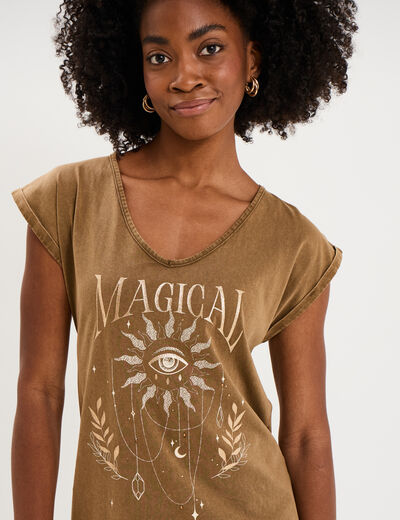 T-shirt coton col en V manches courtes beige femme