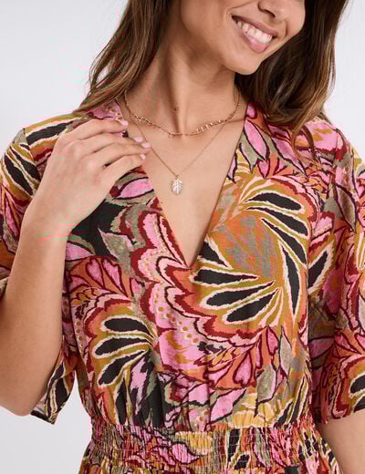 Robe longue col en V taille élastiquée multicolore femme