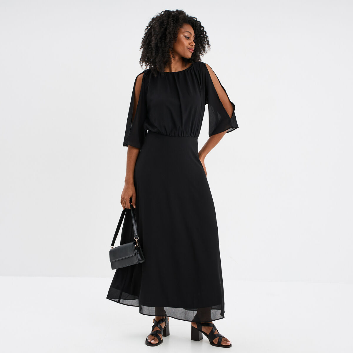 Robe longue manches 3/4 fendues noir femme