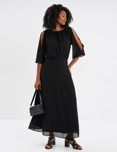 Robe longue manches 3/4 fendues noir femme