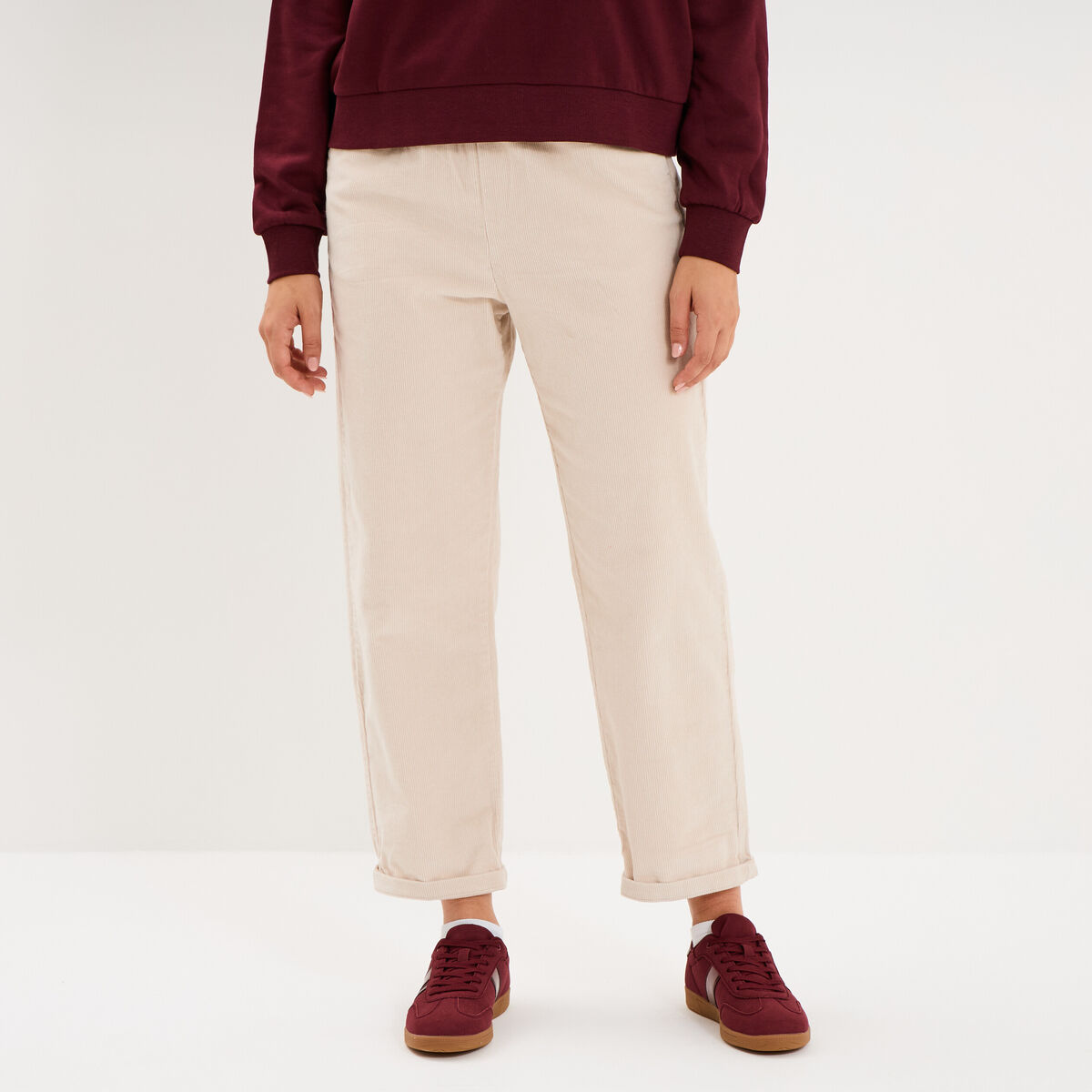 Pantalon taille haute velours 7/8&egrave;me sable femme