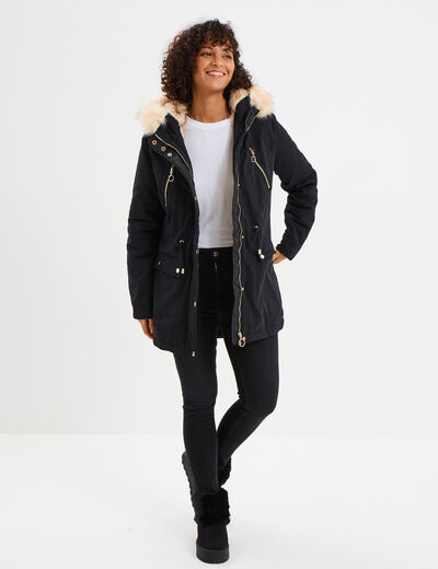 Parka cintrée à capuche fourrée amovible noir femme