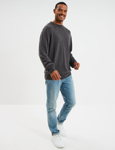 Pull col rond manches longues gris fonc&eacute; homme