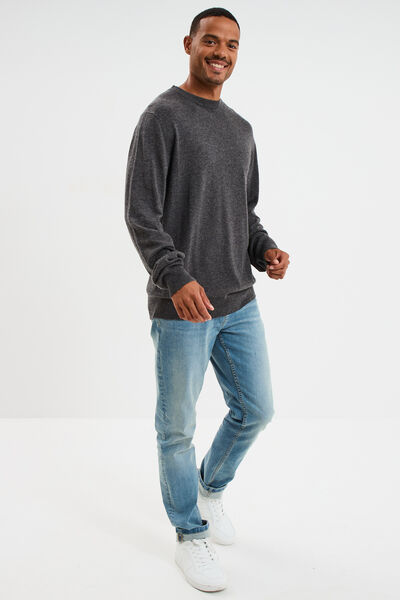 Pull col rond manches longues gris fonc&eacute; homme