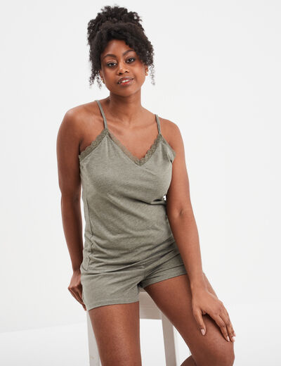 Ensemble pyjama short et débardeur vert kaki femme