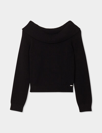 Pull cintré col bateau manches longues noir femme