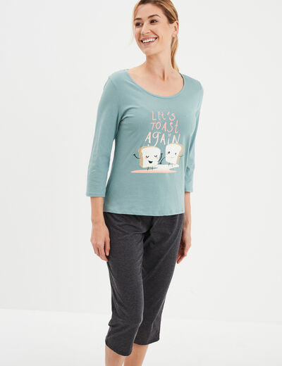Ensemble pyjama corsaire 2 pièces coton bleu gris femme