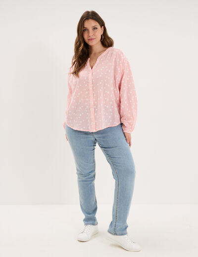 Blouse brod&eacute;e manches ballons rose femme grande taille