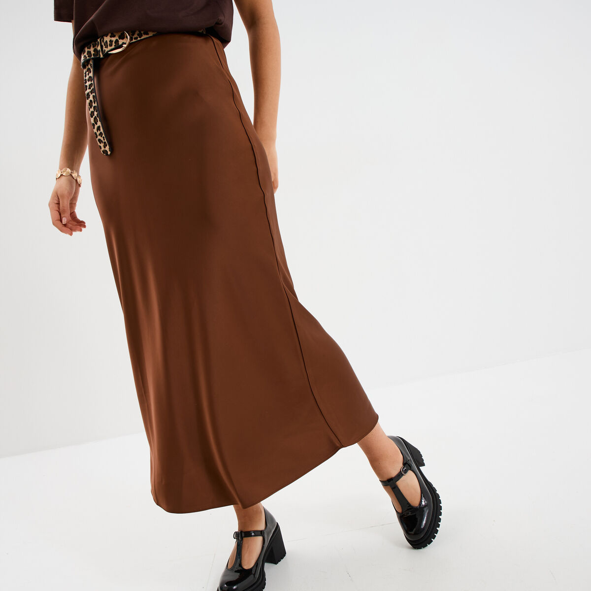 Jupe effet satin longue &eacute;vas&eacute;e beige femme
