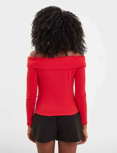 T-shirt col bardot manches longues coton rouge femme