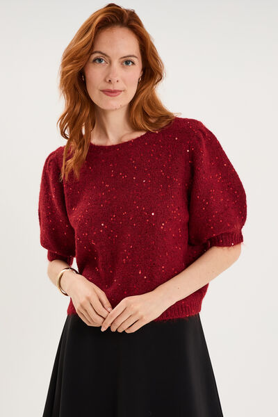 Pull sequins et manches courtes ballons rouge femme