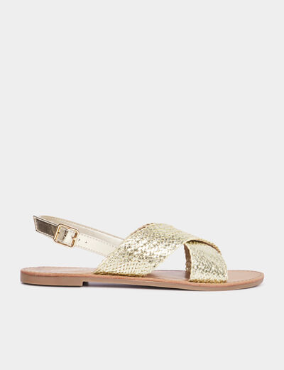 Sandales plates brides tressées croisées jaune or femme