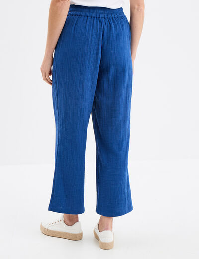 Pantalon fluide élastiqué gaze de coton bleu marine femme