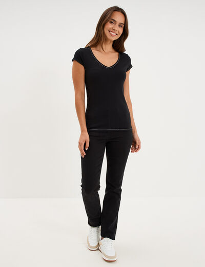 T-shirt col V ajust&eacute; manches courtes noir femme