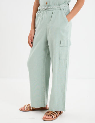 Pantalon large lin mélangé ceinturé vert pastel fille