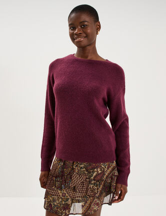Pull col rond manches longues prune femme