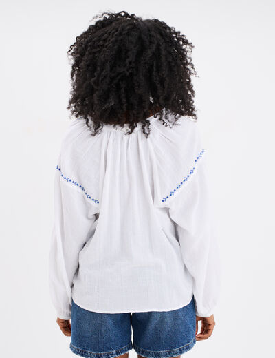 Blouse brod&eacute;e manches longues coton blanc femme